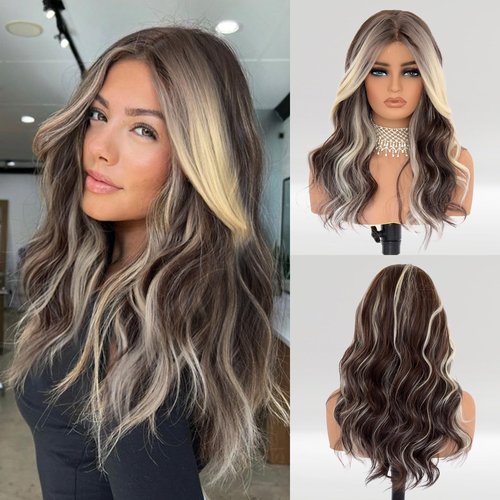 vedar Brown Blonde Wig, Dark Brown Lace Front Wigs for Women, Synthetic Hair Highlight Blonde Wigs, Ombre Blonde Wavy Hair Wig, Best Lace Front Wig, 18 inch VEDAR-805