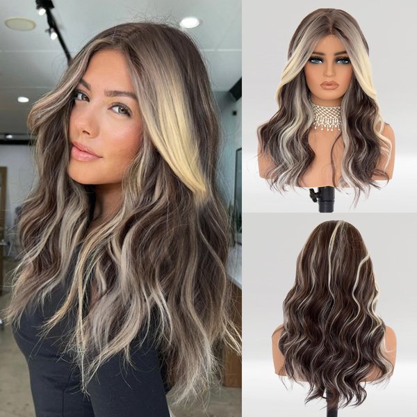 vedar Brown Blonde Wig, Dark Brown Lace Front Wigs for Women, Synthetic Hair Highlight Blonde Wigs, Ombre Blonde Wavy Hair Wig, Best Lace Front Wig, 18 inch VEDAR-805