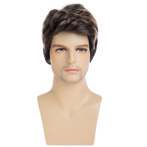 Wiwige Mens Brown Wig Short Blonde Highlight Layered Natural Synthetic Hair Heat Resistant Halloween Cosplay Costume Wigs