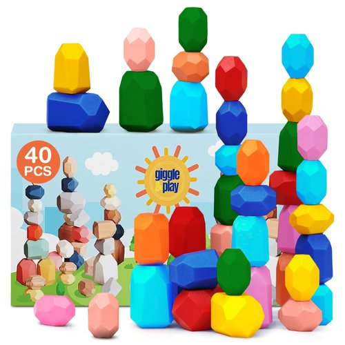 Giggle & Play - 40 Pcs Wooden Stacking Stones Set, Montessori Toys for 3+ Year Old, Stacking Blocks for Fine Motor Skills & Creativity, Multicolor Playset for Toddlers & Kids, Free Storage Bag