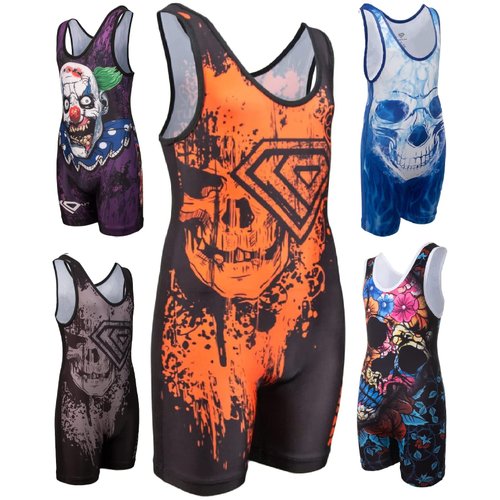 KO Sports Gear - Unisex Wrestling Singlet (Orange Skull, Adult X-Small)