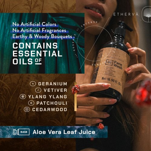 ETHERVA RAIN Face Wash for Men & Women | Floral Woody Scent | Pure Aloe Vera | Essential Oils of Geranium, Vetiver & Ylang Ylang | Sulfate & Paraben Free, Vegan, Cruelty Free | PET Bottle 16.9 Fl Oz