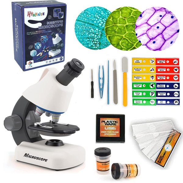 HYRENEE Microscope for Kids - Up to 40-1200x Zoom,STEM Kit with Microscope,Prepared Slides, Built-in LED Light and Configured Various Operating Tools, Science Microscope Kit for Kids 5-7 8-12