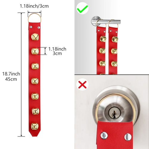 Frienda Hanging Bells 7-Bell Dog Doorbells for Door Knob Faux Leather Belts Go Outside Dog Bells Christmas Decor and Holiday Home Decorations, 18.7 x 1.8 x 1 Inches (Red with Gold)