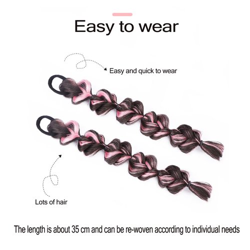 auwiyd 2 PCS Synthetic Braided Ponytails Hair Extensions Pink and Black Braid Wig with Elastic Hair Band Hairpieces for Women Girls DIY Natural Black Soft Synthetic Double Ponytail