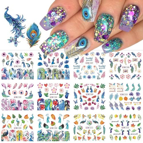 CHANGAR Peacock Feather Nail Stickers, 12 Sheets Water Transfer Decals, Colorful Flower Leaf Pattern, DIY Nail Decorations for Women, Girls, Children