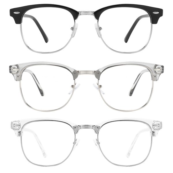 Przene 3 Pack Blue Light Blocking Glasses,Retro Semi Rimless UV400 Clear Lens Computer Eyewear For Men/Women. (MIX COLOR-C1)