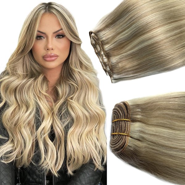 Sew in Hair Extensions Real Human Hair, 16 Inch 100G Weft Hair Extensions Human Hair, Balayage Ash Blonde to Blonde Highlights Hand Tied Weft Hair Extensions Human Hair Bundles Sew in Weft Extensions