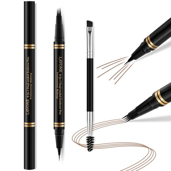 Eyebrow Pen,2-in-1 Waterproof Eyebrow Pencil with 4 Tip Microblading Brow Pen and Ultra-Precise Brow Pencil,with Dual-ended Eyebrow Brush,Eyebrow Makeup for Natural Looking-Soft Brown