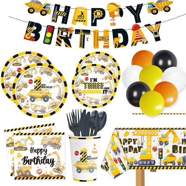 Dump Truck 3rd Birthday Party Decorations，Construction Birthday Party Decorations Supplies for Kids Boys,3rd Birthday Decorations For Boys Tablecloth, Banner, Foil Balloons，Plate, Napkin,