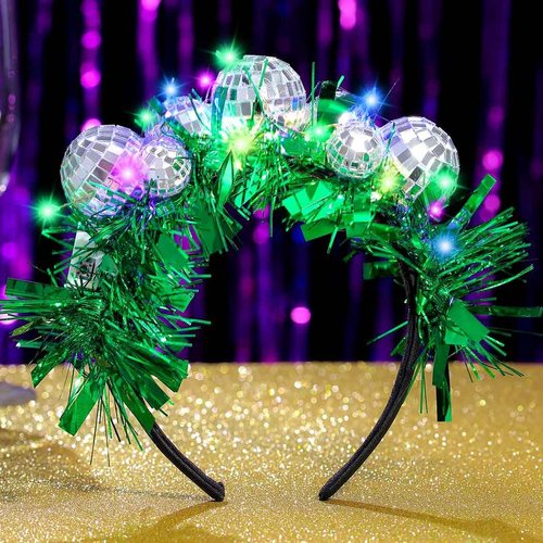 Uranian Light Up Disco Ball Headbands Mirror Balls Hair Bands LED Green Tinsel Hair Hoop Festival 70s Party Costume Hair Accessories for Women