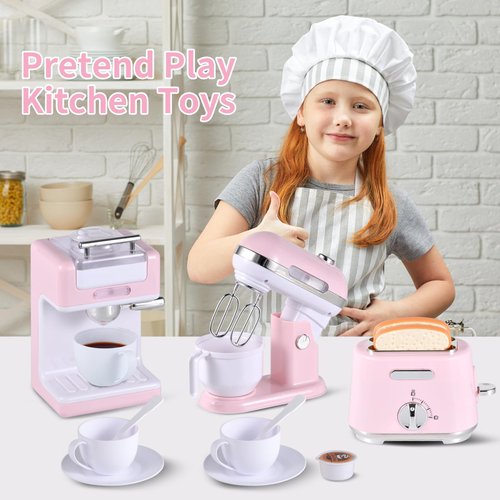 Ehome Play Kitchen Toys Kids Kitchen Accessories Pretend Play Kitchen Appliances Toy Set with Coffee Maker, Mixer, Toaster for Kids Toddler Kitchen Playset Ages 4 5 6 7 8 Girls