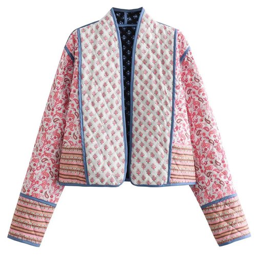 Wyeysyt Women's Cropped Puffer Quilted Jacket Cardigan Floral Printed Lightweight Long Sleeve Open Front Short Padded Coats(Pink-M)