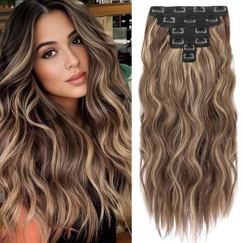 6Pcs Hair Extensions Clip Ins Clip In Hair Extensions Honey Blonde Mixed Light Brown 20 Inch Long Wavy Synthetic Hair Extensions Double Weft Hair Extension (6Pcs,20Inch,22H10#)