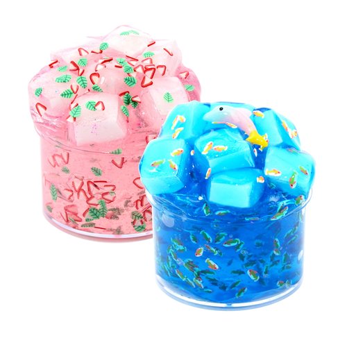 2 Packs Pink and Blue Crunchy Slime Kit for Girls,Non Sticky and Super Soft Sludge Jelly Cube Slime Toy,DIY Crystal Glue Boba Slime Party Favor for Boys,Birthday Gifts for Kids.
