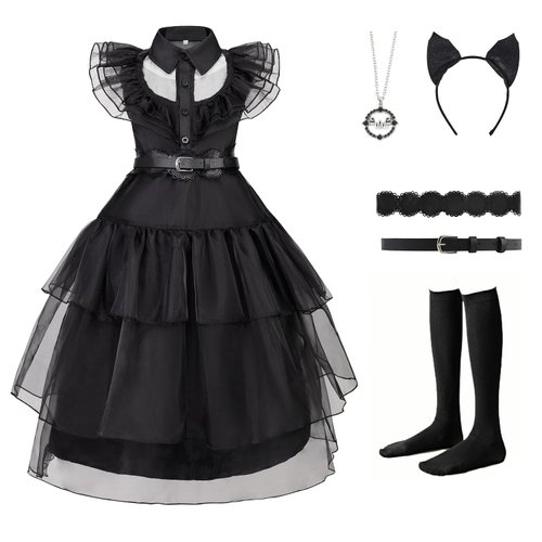 CSYQIYUE Black Costume Dress for Girls Halloween Costumes Cosplay Party Dress Up with Accessories (black, 120(5-6Years))