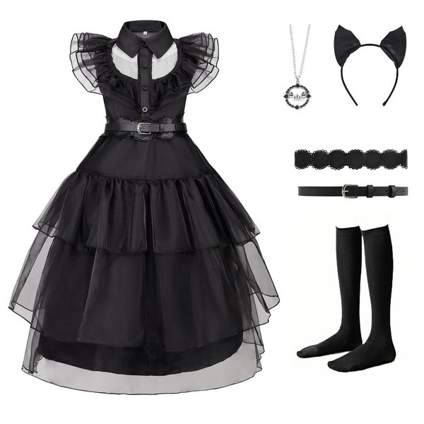 CSYQIYUE Black Costume Dress for Girls Halloween Costumes Cosplay Party Dress Up with Accessories (black, 120(5-6Years))