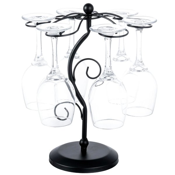 MyGift Freestanding Matte Black Metal Wine Glass Rack, Countertop Wine Holder, Stemware Storage for 6 Glasses with Elegant Scrollwork Design