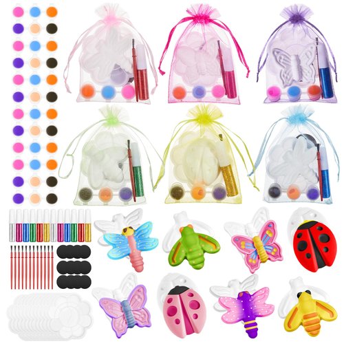 Gemscream 60 Pcs Plaster Painting Party Favors for Kids Birthday Party Supplies Animal Crafts for Kids DIY Painting Statues with Magnet Brushes Palette Organza Bag for Art Party Favor Bags(Insect)