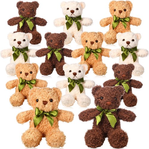 HyDren 12 Pack Bear Stuffed Animals Bulk 10 Inch Small Bear for Baby Shower Plush Bears with Bow Tie for Valentine's Day Wedding Birthday Christmas Bulk Gifts(White, Light Brown, Dark Brown)