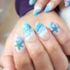 Medium Press on Nails Almond Shaped Fake Nails Blue French Tips Acrylic Nails Summer False Nails with the Sea and Starfish Designs Glue on Nails Full Cover Artificial Nails for Women and Girls 24PCS