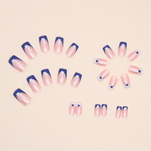 Press on Nails Short Medium Square Nails 24 Pcs, French Blue White Fake Nails with Heart Accents - Glue Nail Kit Reusable Acrylic False Nails for Women, Blue Heart Square
