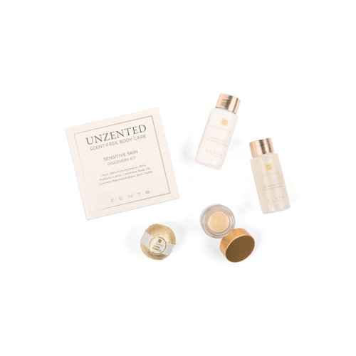 Zents Unscented 4-pc Mini Set, Moisturizing Body Care for Sensitive Skin, Gentle Enough for Eczema & Psoriasis, With Probiotic Lotion, Body Oil, Reparative Balm, and Truffle Bath Bomb