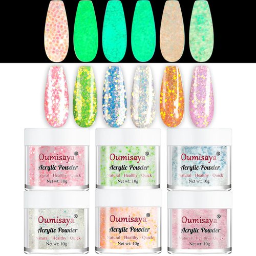 OUMISAYA Glow in the dark Glitter Nail Acrylic Powder 6 Colors Set (APG060)