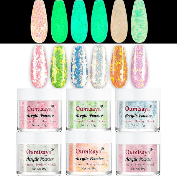 OUMISAYA Glow in the dark Glitter Nail Acrylic Powder 6 Colors Set (APG060)