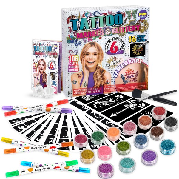 Tattoo Kit for Kids Ages 8-12, FunKidz 6 Double Tips Sparkle Brush Body Art Markers for Skin Plus Temporary Glitter Tattoo Kits With 106 Cute Tattoo Stencils Tattoo Glues Cool Presents for Tween Girls