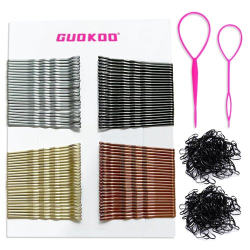 Guokoo 300 Pcs Hair Pins Kit, 100 Pcs 2 Inch Bobby Pins Black Blonde Brown Silver, 200 Pcs Black Rubber Bands for Hair, Hair Accessories for Women and Girls of All Hair Types