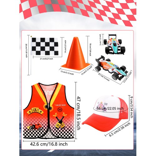 24 Pcs Kids Race Car Driver Costume Set Include Racer Vest Car Cap Pull Back Cars Toy Model Set Traffic Cones and Racing Checkered Flag for Boys Girls Race Car Theme Birthday Party Supplies