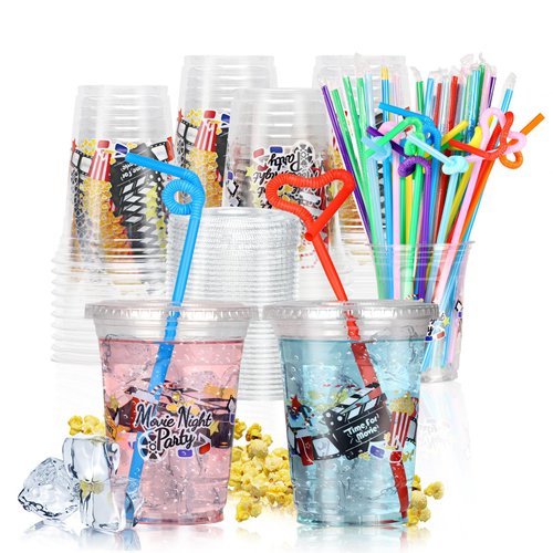RIKICACA 16 oz Movie Night Party Cups with Lids and Straws Clear Plastic Party Favor Cups for Snack Trays Holder Movie Night Supplies for Family Party (50Sets/150Pcs)