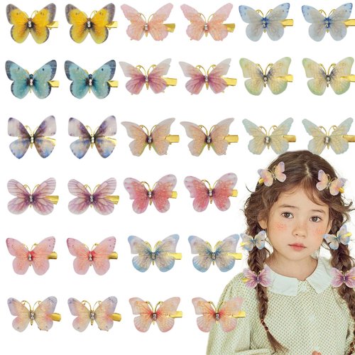 30 PACK Butterfly Hair Clips, Claw Colorful Little Net Yarn Butterfly Clips for Hair, Glitter Butterfly Hair Clips with Rhinestones for Girls Small Realistic Handmade 90s Hair Accessories
