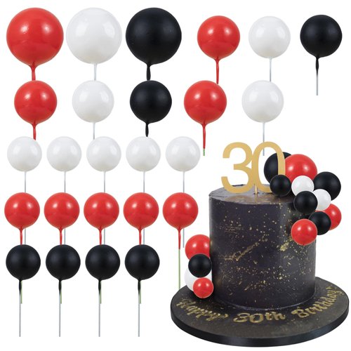 Gyufise 30Pcs Ball Cake Topper Decorations Mini Balloons Cake Topper Sticks Foam Balls Cake Picks Cake Topper Balls Cake Decorations for Wedding Party Birthday Cake Decorating Red Black White