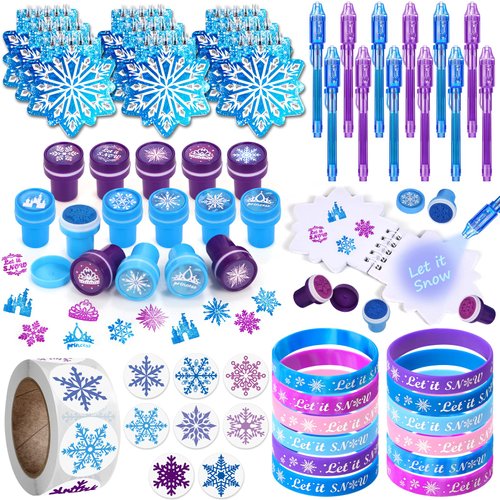 Winrayk Frozen Party Favors Birthday Supplies for Girls Kids, Invisible Ink Pen Snowflake Notebook Silicone Bracelet Stamper Sticker, Goodie Bag Stuffer Pinata Elsa Winter Party Favors Decor Serves 12