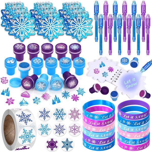 Winrayk Frozen Party Favors Birthday Supplies for Girls Kids, Invisible Ink Pen Snowflake Notebook Silicone Bracelet Stamper Sticker, Goodie Bag Stuffer Pinata Elsa Winter Party Favors Decor Serves 12