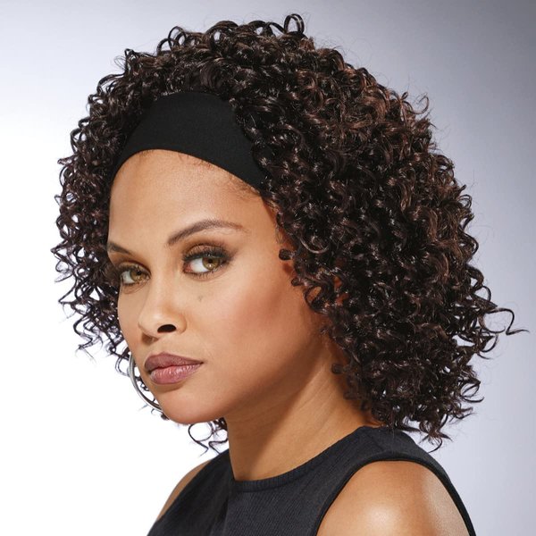 Especially Yours Curly Headband Wig Shoulder-Length Layers of Natural Spiral Curls with Full, Bouncy Volume, Comfy Stretch Band/Runway Shades of Black and Brown