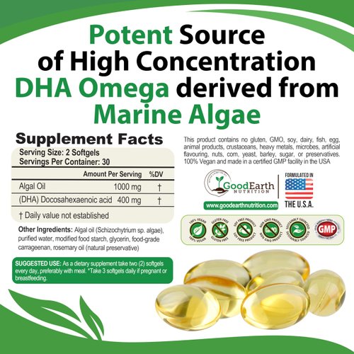 Algal Oil - Vegan DHA Omega 3 Fish Oil Supplements - Brain Booster,Joint Supplement & Prenatal Vitamin -Provides Healthy Heart & Immune Support - Burpless Algae Supplement - 60 Mini Fish Oil Softgels