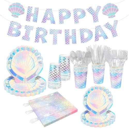 145Pcs Mermaid Party Supplies Tableware, Mermaid Themed Decorations Serve 24 Guests Includes Plates, Cup, Napkin, Knife, Fork and Fpoon, Tablecloth, Banner for Girls Mermaid Party