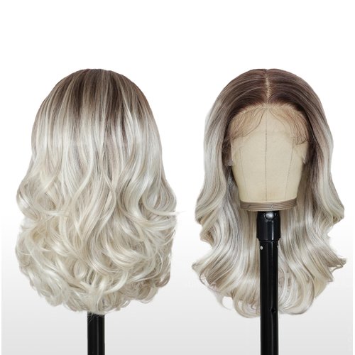SISgrace Ombre Platinum Blonde 13×6 HD Lace Front Wigs Synthetic Glueless Pre Layered Brown Roots Body Wave Wigs for Women Pre Plucked 18 Inch Tiny Knots Lace Natural Hairline Bob Wigs