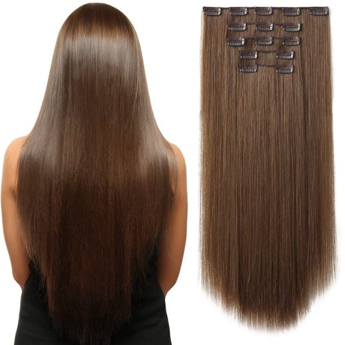 Brown Hair Extensions，HSPJHTM Clip in Hair Extensions for Women，Halloween hair extension 22" Synthetic 5PCS Long Straight Natural Thick Hair Pieces Chestnut Brown Full Head Golden Copper