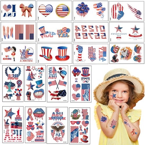 GeRRiT 20 Sheets Independence Day Temporary Tattoos 4th of July Stickers for Adults Kids Red American Flag Tattoos Stickers Red White Blue Patriotic Body Art Stickers for Memorial Day Labor Day