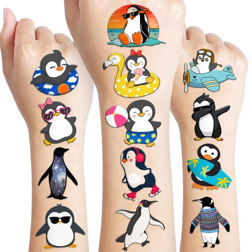 100 PCS Funny Christmas Winter Penguin Temporary Tattoos Sticker Animal Penguin Birthday Party Decorations Supplies Favors Gifts Girls Boys Baby Showers Prizes Cute Tattoo School Reward Themed Summer
