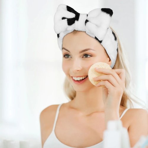 Huachi Spa Headbands for Women Washing Face, Cow Print, Soft Microfiber Hair Wrap with Bow - Skincare Headband for Girls, Makeup Application, Spa Treatments, Party Favors