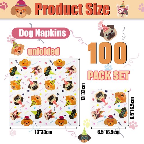 100Pcs Dog Paper Napkins 13 x 13inch Cute Puppy Dog Party Napkins for Kids Animal Party Baby Shower Puppy Party Decorations Dog Party Supplies