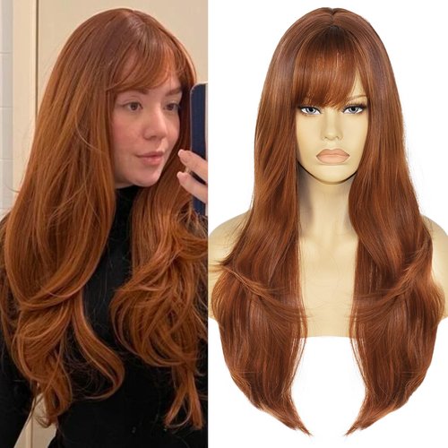 Ebingoo + Wig Cap 28 Inch Ginger Wig with Bangs Auburn Wig for Women Copper Red Wig with Bangs La...