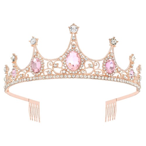 Tiaras for Women, Fufuddz Pink Crystal Crowns Rose Gold Crown Baroque Tiara with Combs Princess Queen Bride Wedding Pageant Prom Birthday Cosplay Hair Accessories Halloween Costumes Headband
