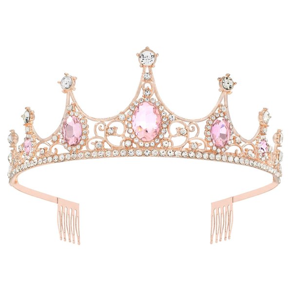 Tiaras for Women, Fufuddz Pink Crystal Crowns Rose Gold Crown Baroque Tiara with Combs Princess Queen Bride Wedding Pageant Prom Birthday Cosplay Hair Accessories Halloween Costumes Headband