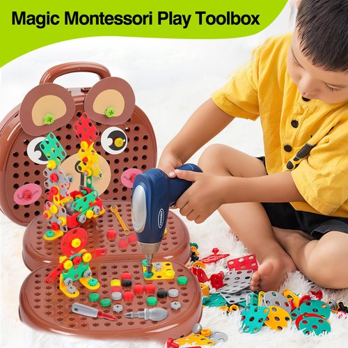 Kaemgyyd Magic Montessori Play Toolbox, 203Pcs Magic Montessori Play Toolbox Bear with Drill, 2D/3D Creativity Tool Box Montessori Toys Gift for Age 3-12 Years Old Boys Kids, Girls